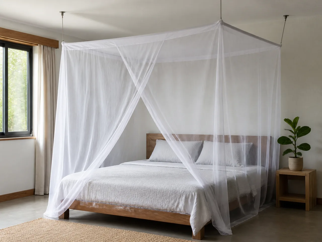 A white mosquito net installed around a bed