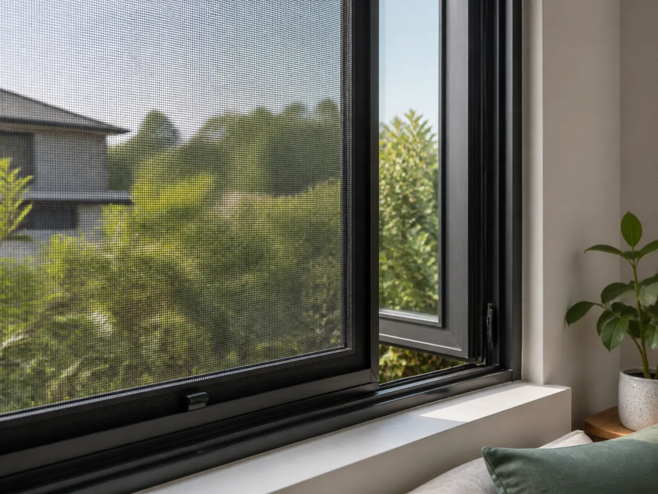 A fitted charcoal insect screen on an open window